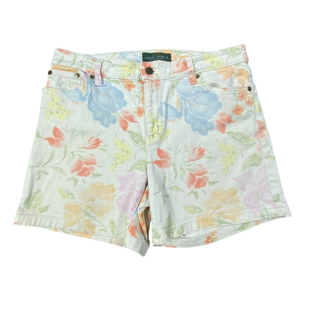 Lauren Ralph Lauren Floral Denim Shorts Womens 10 Watercolor Pastel Garden White